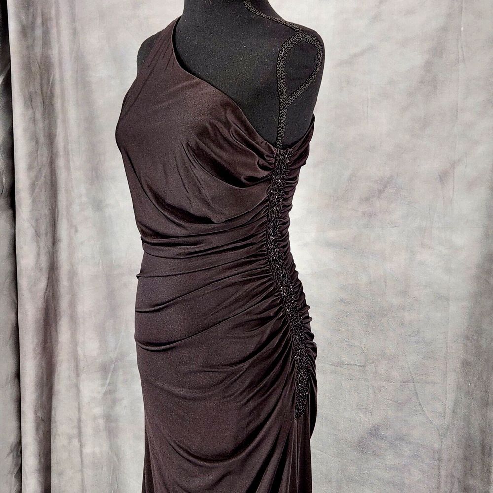 Adrianna Papell Boutique Women's‎ 8 One Shoulder Ruched Beaded Dress Black Long